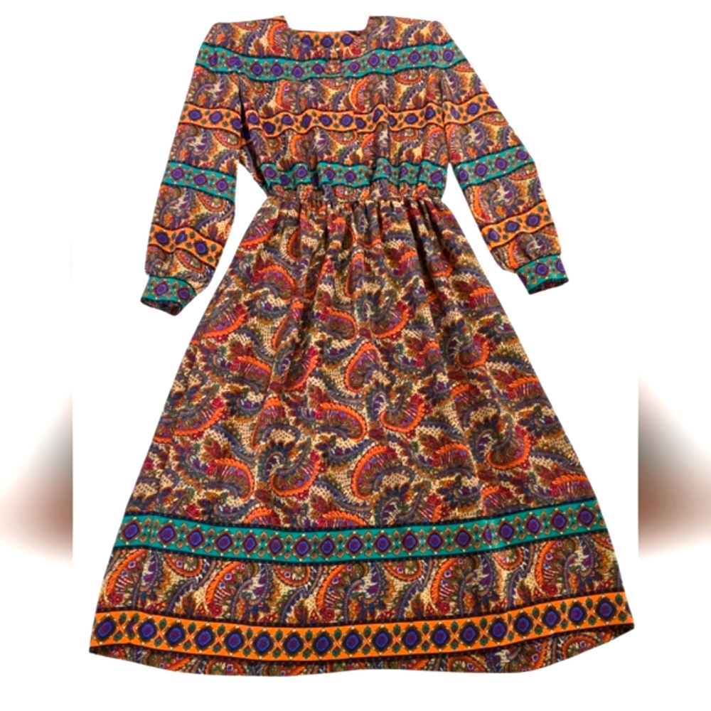 Vintage Lady Carol Brown and Blue Smocked Casual Sundress with Bishop Sleeves